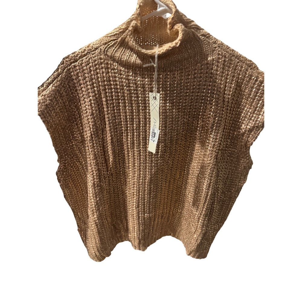 She + Sky Womens Metallic Gold Mock Neck Knit Sweater Vest Oversized Medium NWT